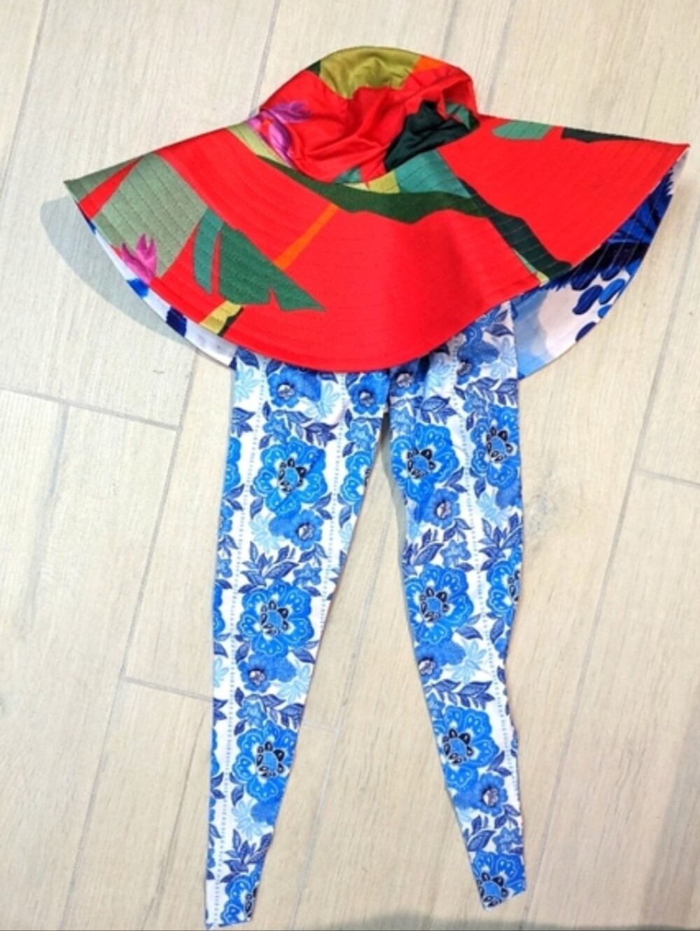 FARM Rio Red Multicolor Wide-Brim Sun Hat with Blue Floral Ties